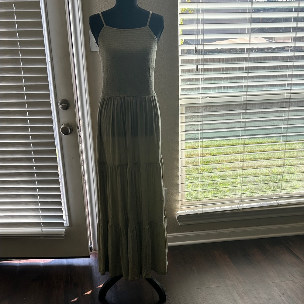 Sleeveless Olive Green Maxi Dress with Smocked Bodice